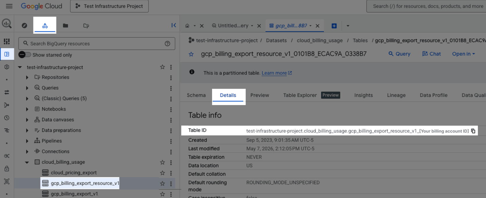 Google Cloud BigQuery table details screen with the detailed usage cost table ID highlighted.