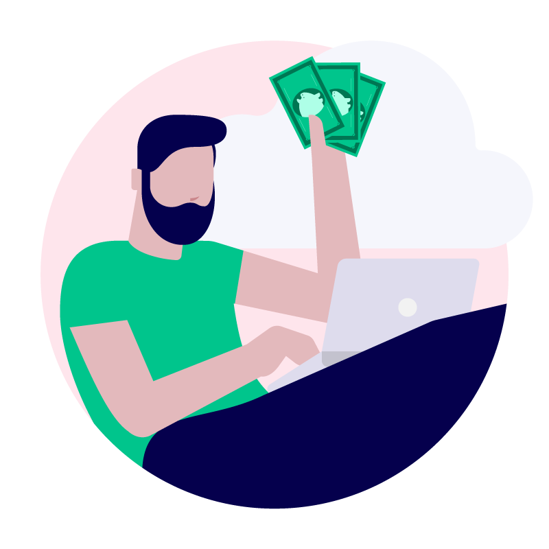 a man holding money in front of a laptop, illustration style