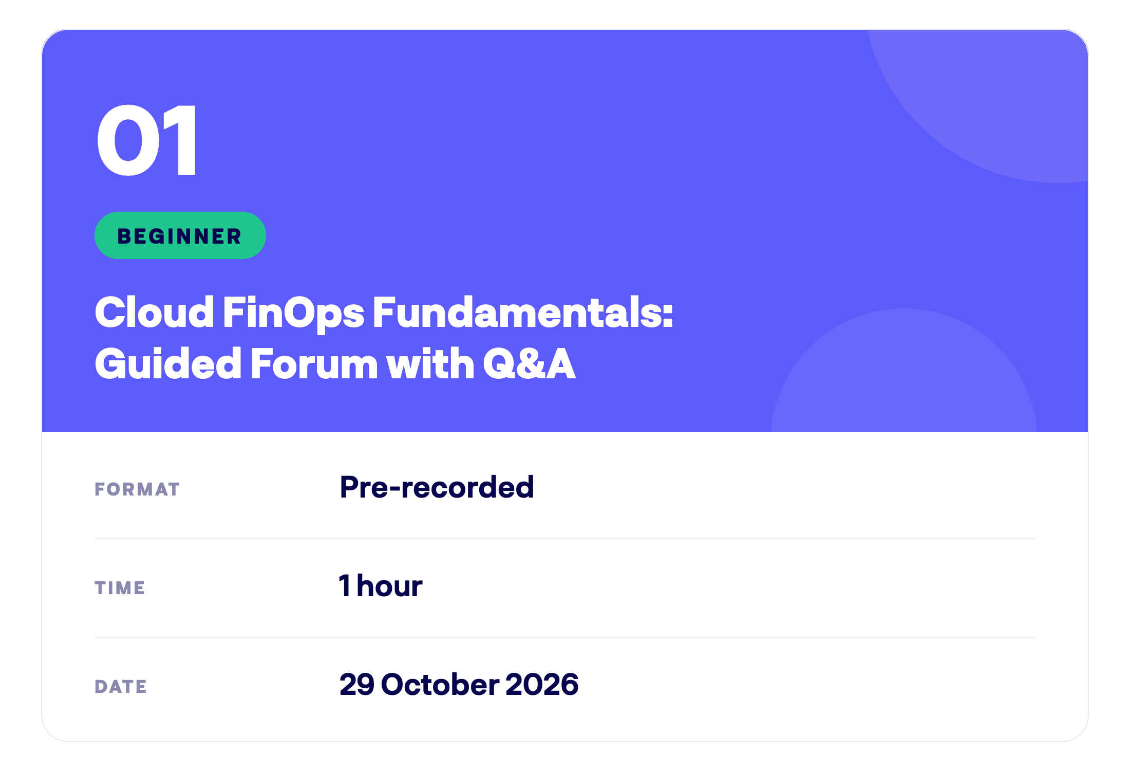 Component 01: Cloud FinOps Fundamentals Guided Forum. Pre-recorded, 1 hour, 29 October 2026