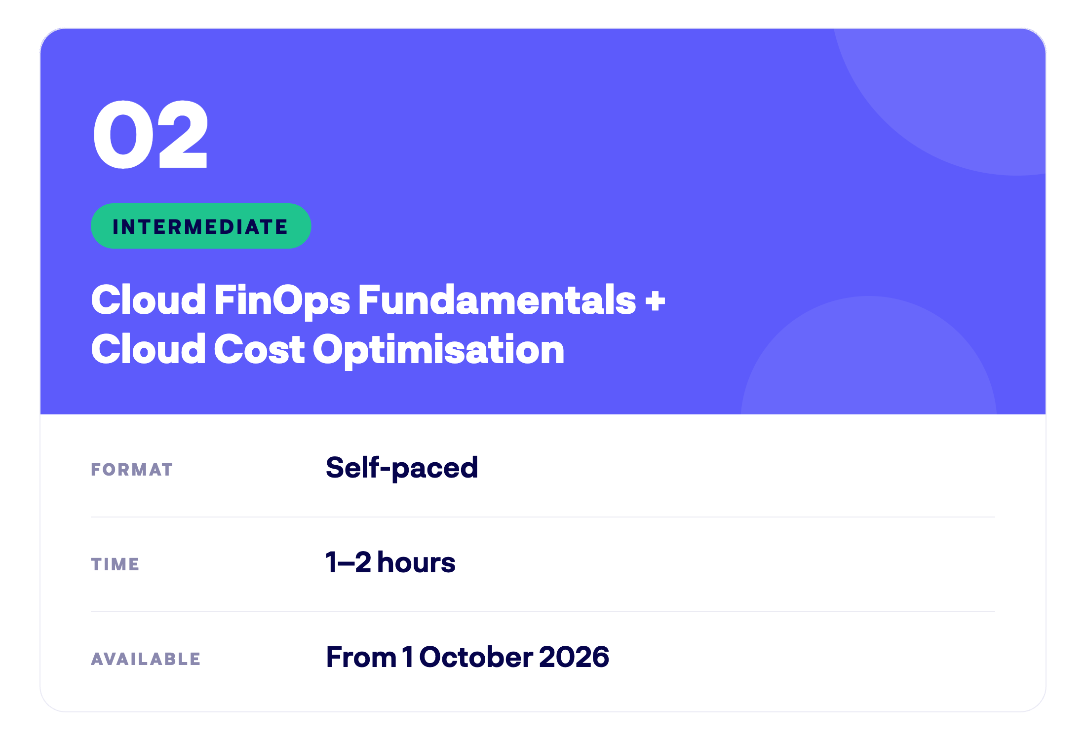 Component 02: Cloud FinOps Fundamentals plus Cloud Cost Optimisation, intermediate, self-paced, 1 to 2 hours, available from 1 October 2026