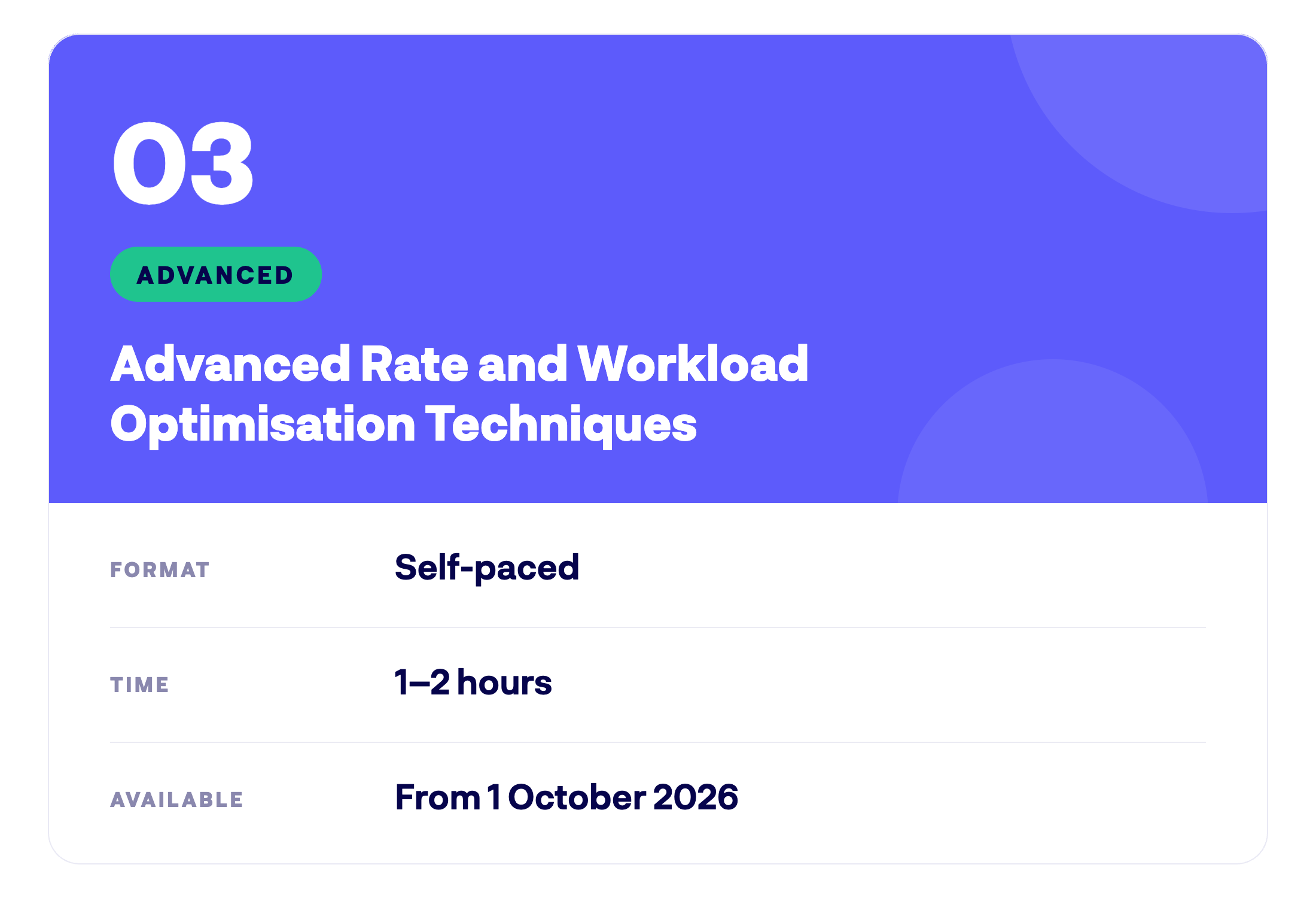 Component 03: Advanced Rate and Workload Optimisation Techniques, advanced, self-paced, 1 to 2 hours, available from 1 October 2026
